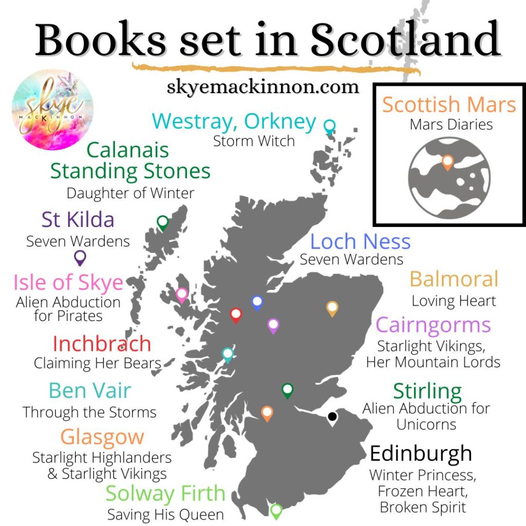 Map of Scotland with books by Skye MacKinnon